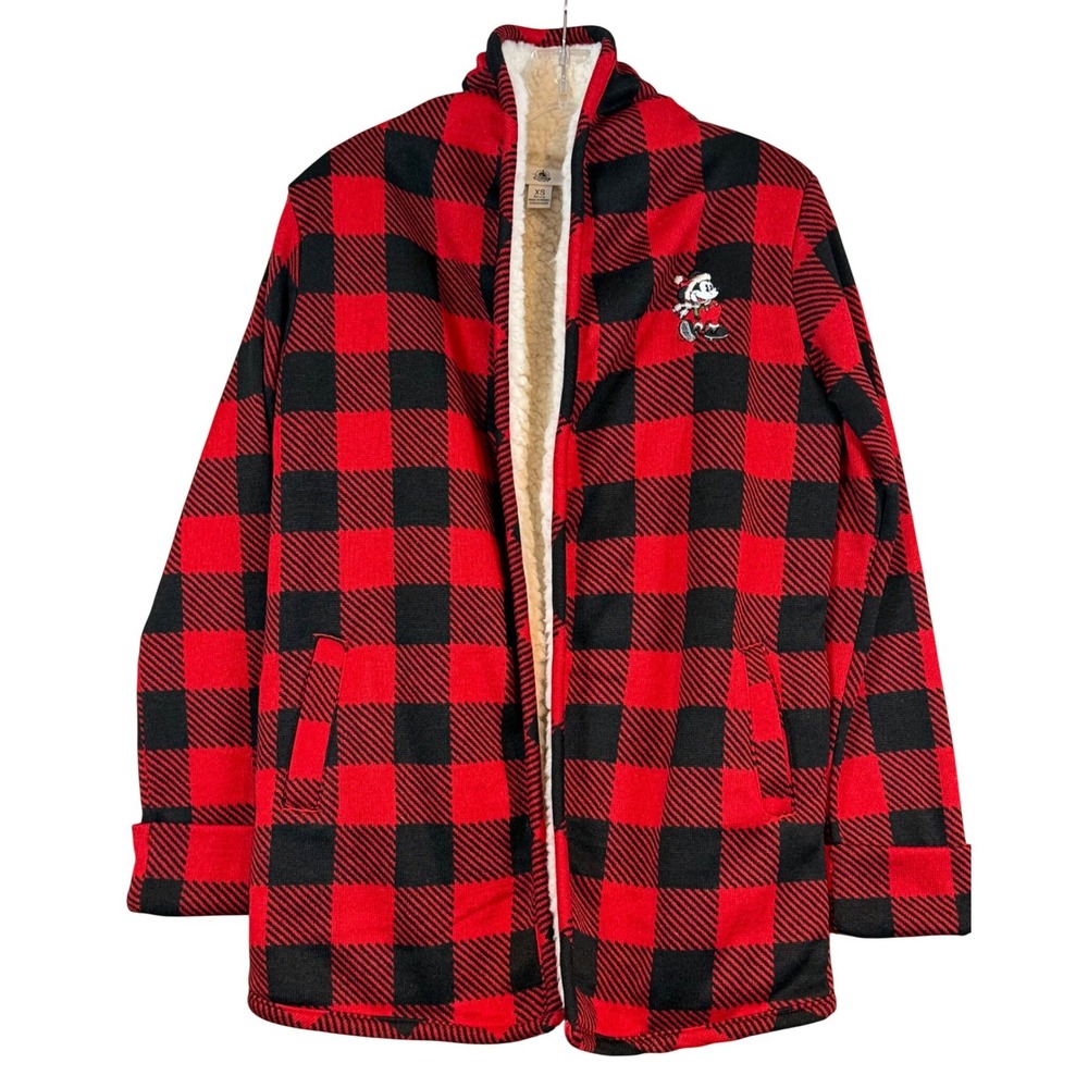 Disney Parks Red‎ Buffalo Plaid Mickey Mouse Sherpa Lined Cardigan XS Holiday
